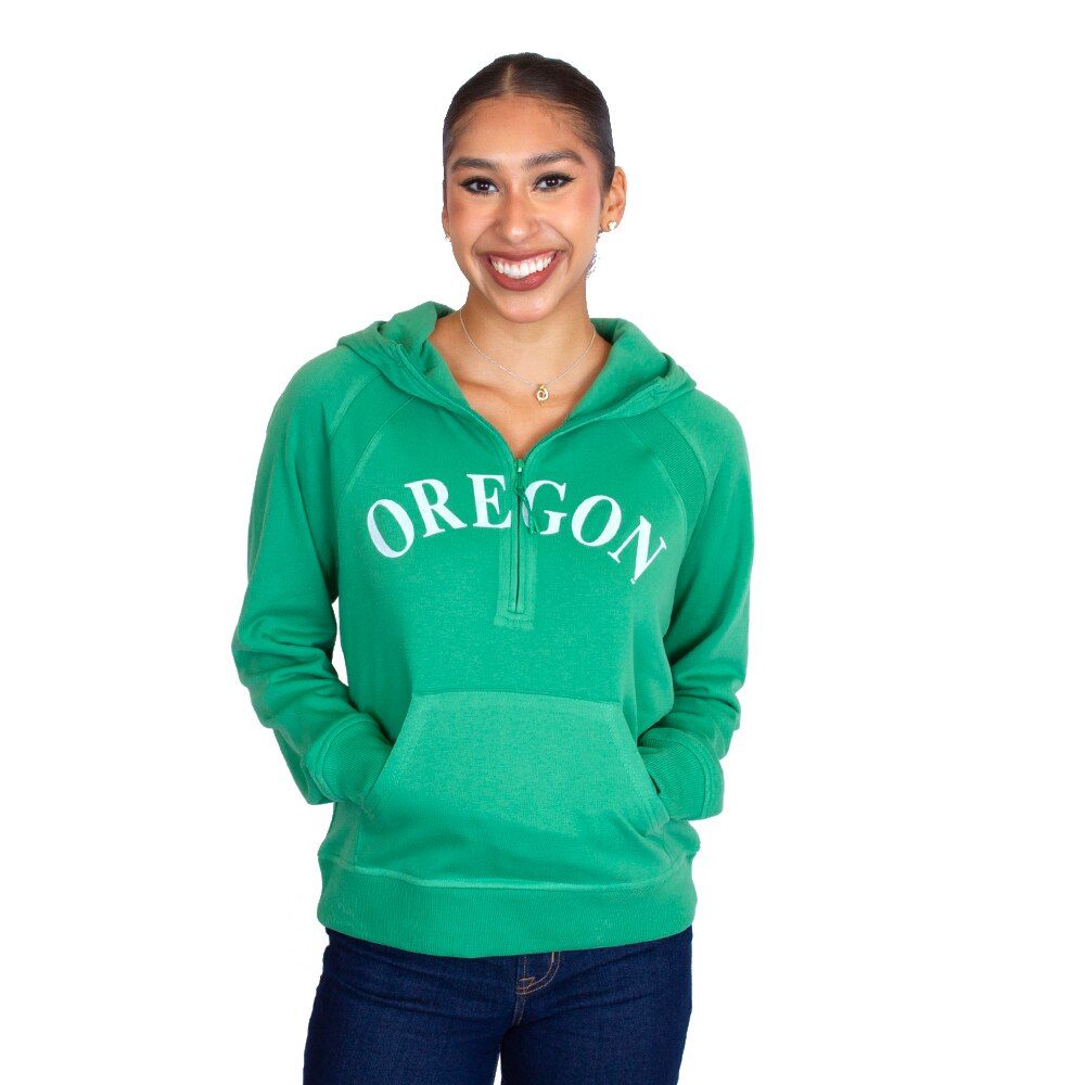 Women s Green Camp David Arched Oregon in White with Ducks on Sleeve Half Zip